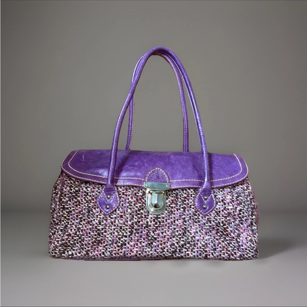 Helen Welsh Italian Leather & Wool Tweed MADE IN ITALY Lilac Sachel Shoulder Bag